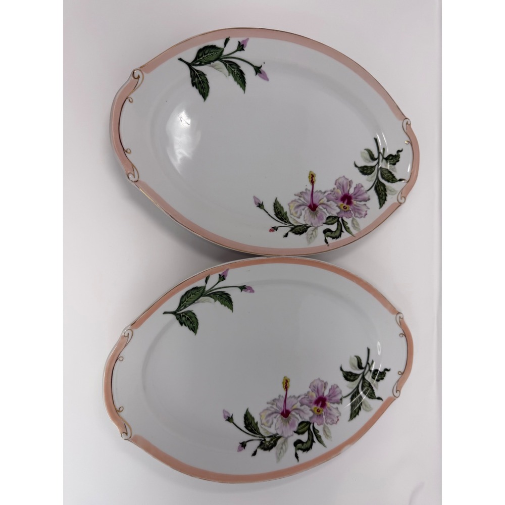 VTG Aladdin Fine China Oval Serving Platters Pink Hibiscus Floral Gold Trim Pair